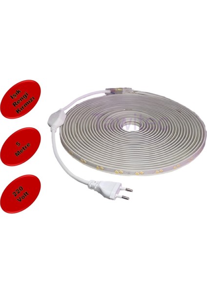 Hortum Şerit LED 220 Volt Su Geçirmez Fiş Dahil Metrede 68 LED 5730 Kırmızı 5 Metre