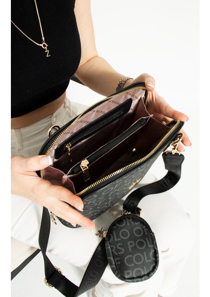 Impolo Aisha Siyah Empirme Baskı Kadın Spor Omuz Çapraz Çantası 24X26 Ebatında