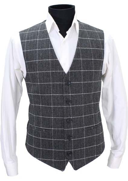 Erkek Yelek V Yaka Gri Ekose Yün 50534