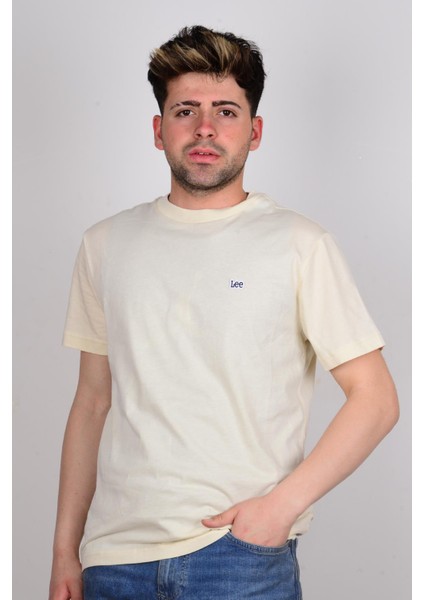 L60UFQ102 Krem Önü Yazılı Bisiklet Yaka Erkek T-Shirt