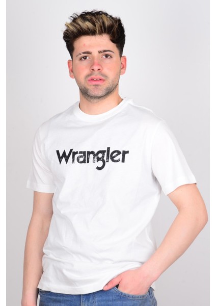 W211922102 Beyaz Önü Yazılı Bisiklet Yaka Erkek T-Shirt