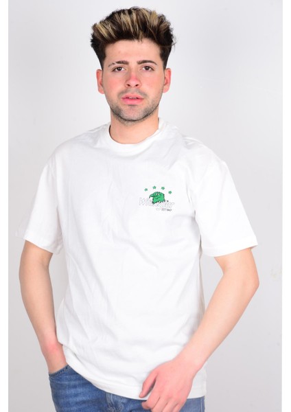 W231233102 Beyaz Arkası Baskılı Bisiklet Yaka Erkek T-Shirt