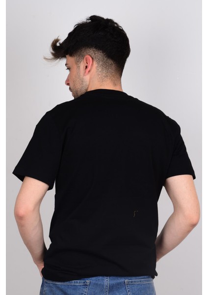 L60UFQ01 Siyah Önü Yazılı Bisiklet Yaka Erkek T-Shirt