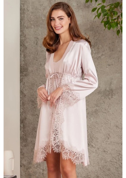 7045 Kadın Pudra Bride Sabahlık Gecelik Şort Takım Saten 4'lü Gelin Çeyiz Seti