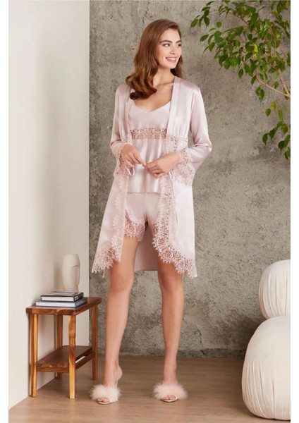 7045 Kadın Pudra Bride Sabahlık Gecelik Şort Takım Saten 4'lü Gelin Çeyiz Seti fiyatları