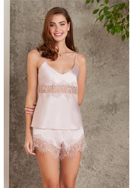 7045 Kadın Pudra Bride Sabahlık Gecelik Şort Takım Saten 4'lü Gelin Çeyiz Seti modelleri