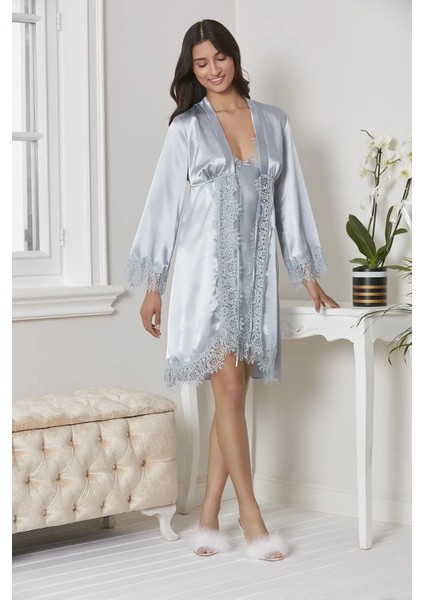 7045 Kadın Mist Bride Sabahlık Gecelik Şort Takım Saten 4'lü Gelin Çeyiz Seti modelleri