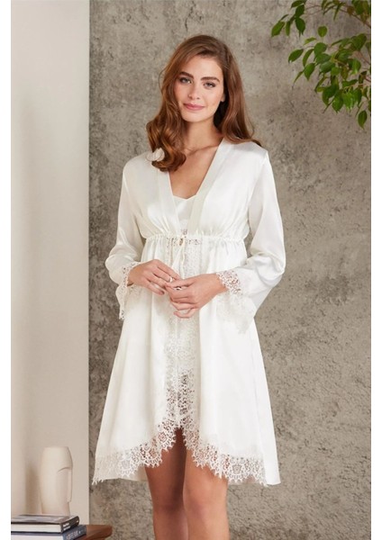 7045 Kadın Ekru Bride Sabahlık Gecelik Şort Takım Saten 4'lü Gelin Çeyiz Seti