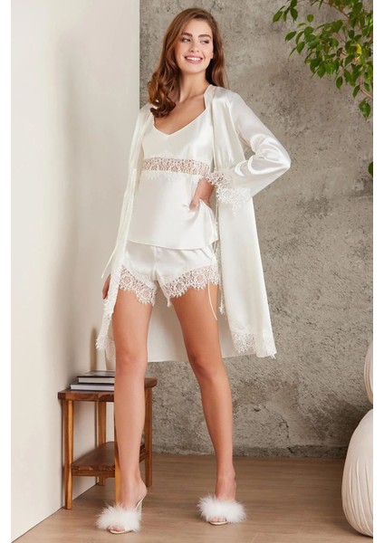 7045 Kadın Ekru Bride Sabahlık Gecelik Şort Takım Saten 4'lü Gelin Çeyiz Seti fiyatları
