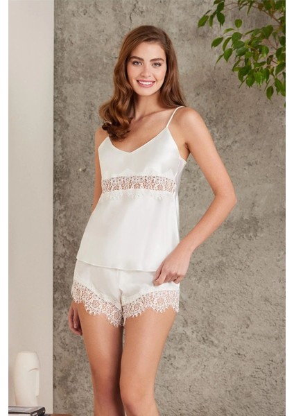 7045 Kadın Ekru Bride Sabahlık Gecelik Şort Takım Saten 4'lü Gelin Çeyiz Seti fırsatları