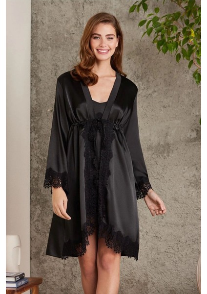 7045 Kadın Siyah Bride Sabahlık Gecelik Şort Takım Saten 4'lü Gelin Çeyiz Seti