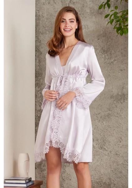 7045 Kadın Viola Bride Sabahlık Gecelik Şort Takım Saten 4'lü Gelin Çeyiz Seti