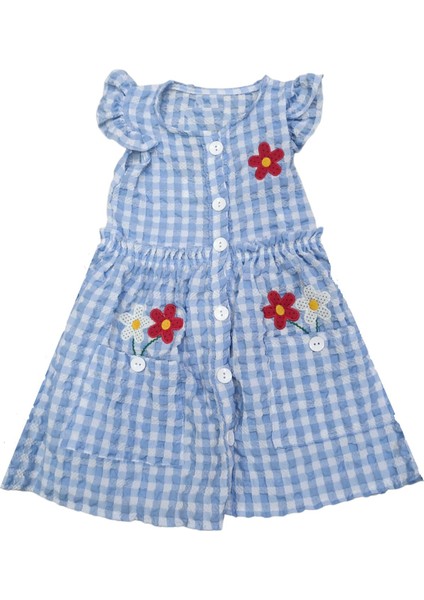 Kız Çocuk Çiçek Gofre Desenli Cepli Bürümcük Kumaş Düğmeli Mavi Elbise