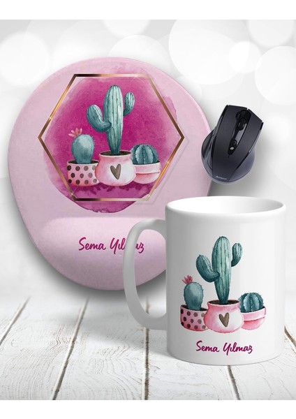 Atölye Çizgi Kişiye Özel 2li Pink Suluboya Kaktüs Kupa Bardak ve Mouse Pad