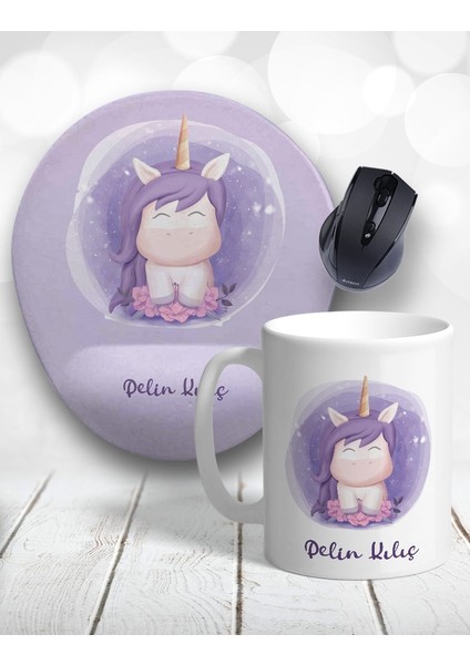 Atölye Çizgi Mor Suluboya Unicorn Kişiye Özel Kupa Bardak ve Mouse Pad