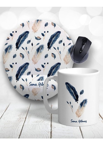 Atölye Çizgi Kişiye Özel 2li Suluboya Kuş Tüyü Kupa Bardak ve Mouse Pad