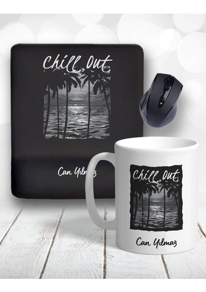 Atölye Çizgi Chill Out Deniz Palmiye Kişiye Özel Kupa Bardak ve Mouse Pad