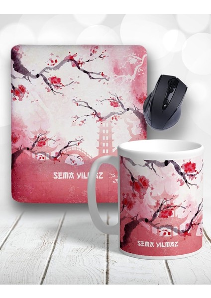 Atölye Çizgi Sakura Japon Çiçeği Suluboya Kişiye Özel Kupa Bardak ve Mouse Pad