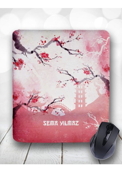 Atölye Çizgi Sakura Japon Çiçeği Suluboya Kişiye Özel Kupa Bardak ve Mouse Pad