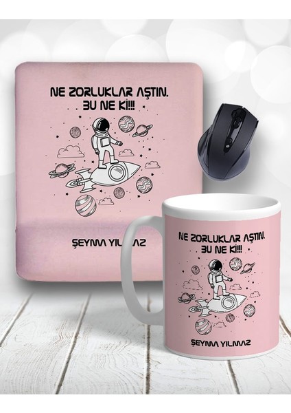 Atölye Çizgi Zorlukları Aşan Astronot Kupa Bardak ve Mouse Pad