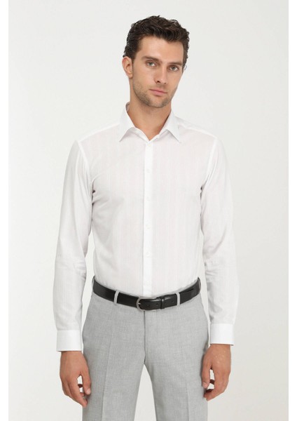 Beyaz Slim Fit Dokuma Klasik %100 Pamuk Gömlek