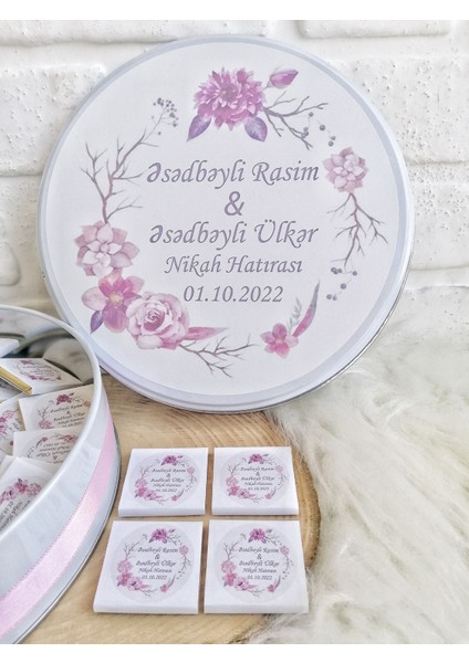 Bunnyball Chocolate 100 Adet Pembe Çiçek Temalı Nikah/Söz Hatırası Isme Özel Hediyelik Cikolata