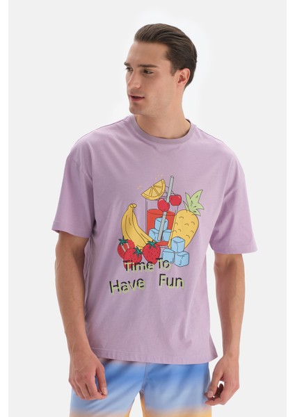 Lila O Yaka Baskılı Tişört