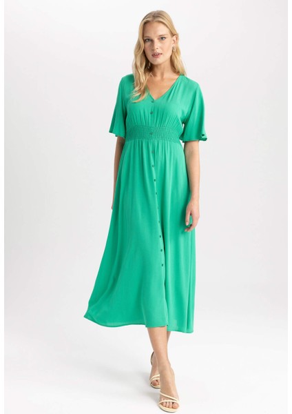 V Yaka Krinkıl Viskon Midi Kısa Kollu Elbise A4987AX23HS