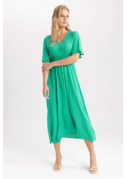 V Yaka Krinkıl Viskon Midi Kısa Kollu Elbise A4987AX23HS fiyatları