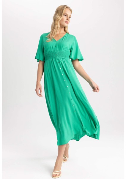 V Yaka Krinkıl Viskon Midi Kısa Kollu Elbise A4987AX23HS modelleri