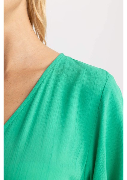 V Yaka Krinkıl Viskon Midi Kısa Kollu Elbise A4987AX23HS fırsatları