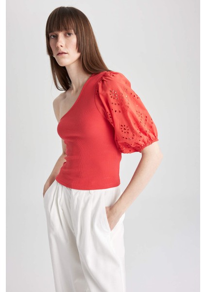 Slim Fit Dar Kesim Tek Omuzlu Fitilli Kaşkorse Kısa Kollu Tişört A7349AX23SM