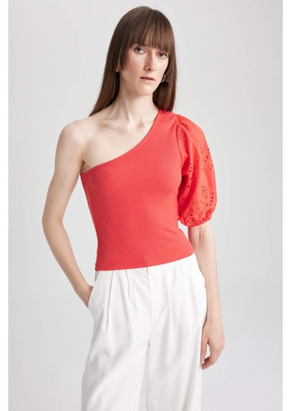 Slim Fit Dar Kesim Tek Omuzlu Fitilli Kaşkorse Kısa Kollu Tişört A7349AX23SM modelleri