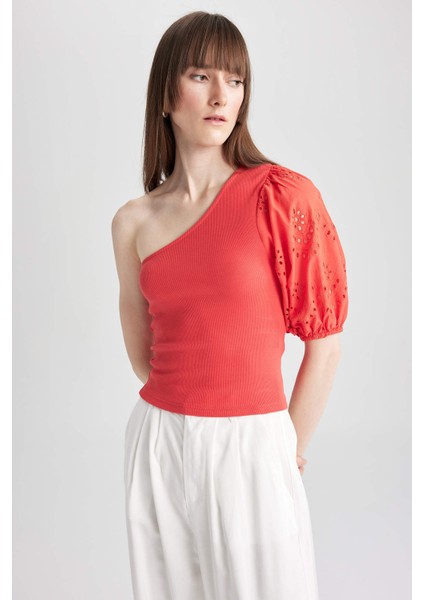 Slim Fit Dar Kesim Tek Omuzlu Fitilli Kaşkorse Kısa Kollu Tişört A7349AX23SM fırsatları