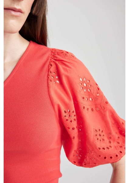 Slim Fit Dar Kesim Tek Omuzlu Fitilli Kaşkorse Kısa Kollu Tişört A7349AX23SM indirimleri