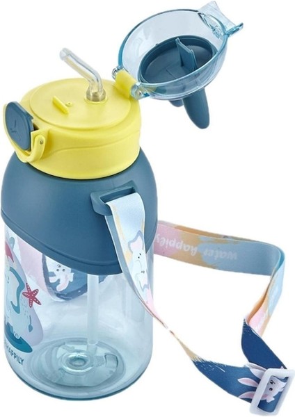 650ML Askılı Pipetli Kulaklı Sevimli Dostlar Tritan Su Matarası