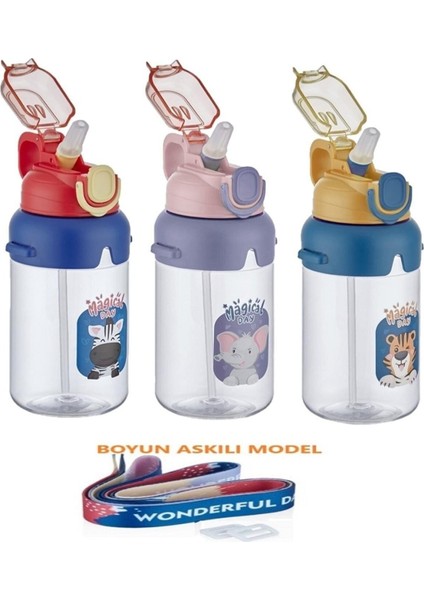 Boyun Askılı Kalın Pipetli Kilitli Kapaklı Su Matarası 650 ml 3 Renk Seçeneği modelleri