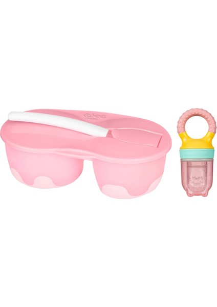 Iki Hazneli Mama Kabı Seti Pembe + Meyve Süzgeci Pembe