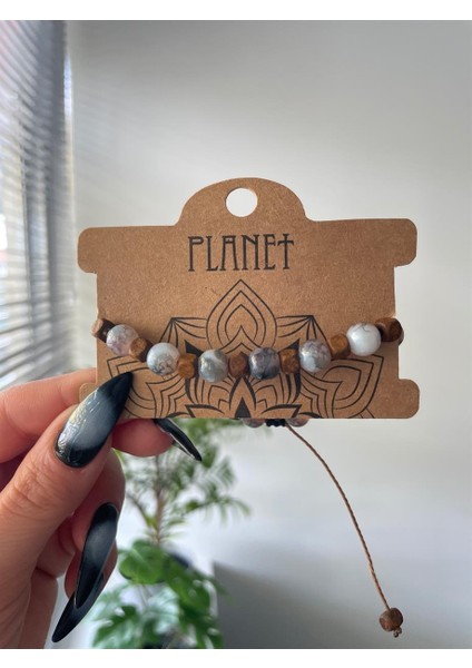 Planet Butik Füme Beyaz Taşlı Unisex Otantik Bileklik