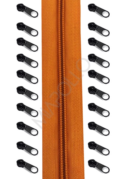 T5 Plastikdiş Fermuar Açık Kahve Fermuar ve Başlık (10MT Fermuar 20 Adet Başlık)