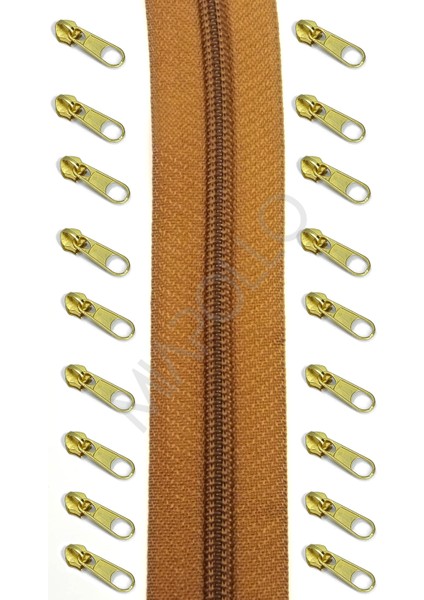 T5 Plastikdiş Fermuar Kahverengi Fermuar ve Başlık (10MT Fermuar 20 Adet Başlık)