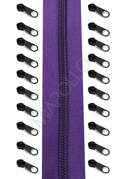 T5 Plastikdiş Fermuar Mor Fermuar ve Başlık (10MT Fermuar 20 Adet Başlık)