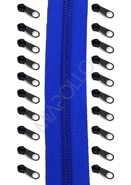 T5 Plastikdiş Fermuar Saks Mavisi Fermuar ve Başlık (10MT Fermuar 20 Adet Başlık)