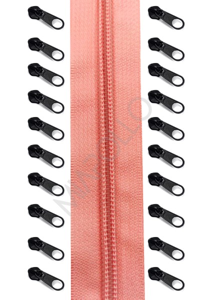 T5 Plastikdiş Fermuar Şeker Pembesi Fermuar ve Başlık (10MT Fermuar 20 Adet Başlık)