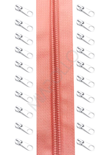 T5 Plastikdiş Fermuar Şeker Pembesi Fermuar ve Başlık (10MT Fermuar 20 Adet Başlık)