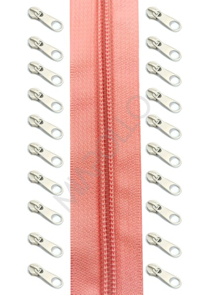 T5 Plastikdiş Fermuar Şeker Pembesi Fermuar ve Başlık (10MT Fermuar 20 Adet Başlık)