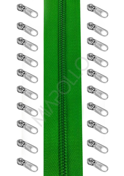 T5 Plastikdiş Fermuar Yeşil Fermuar ve Başlık (10MT Fermuar 20 Adet Başlık)