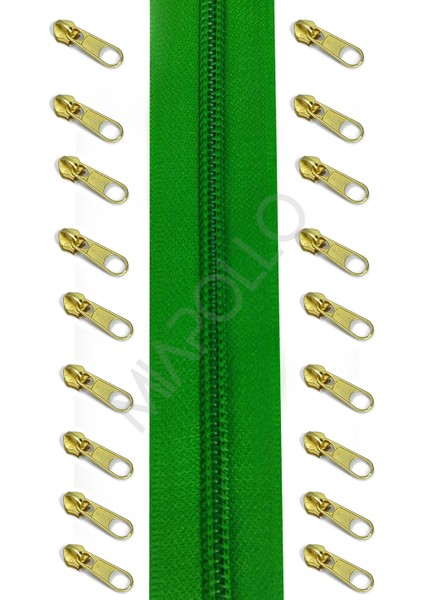 T5 Plastikdiş Fermuar Yeşil Fermuar ve Başlık (10MT Fermuar 20 Adet Başlık)