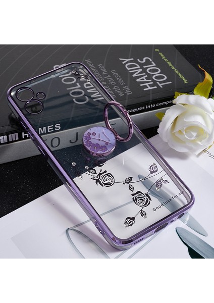 Samsung Galaxy A04 Için 4g Rhinestone Kickstand Telefon Kılıfı Çiçek Deseni Tpu Elektroplatma Kapağı (Yurt Dışından) indirimleri