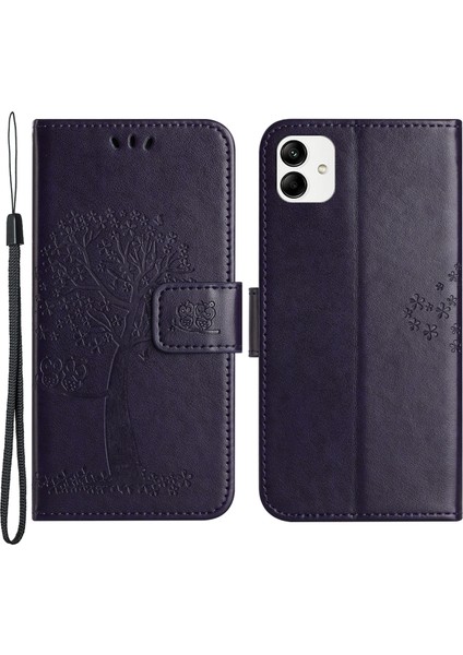 Samsung Galaxy A04E Için 4g Baskılı Baykuş Ağacı Deseni Kıvrım Anti-Sracratch Pu Deri Cüzdan Görüntüleme Standı Fingerprint Anti-Fragrint Koruyucu Kılıf (Yurt Dışından)